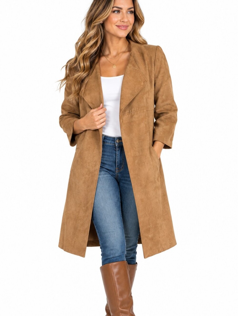 H&M Women’s Size 4 Brown Faux Suede Long Open Front Duster Coat Jacket Lined